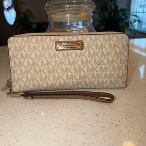 Sparkling Michael Kors Beige Signature MK Zip-Around Wristlet with Brown Trim